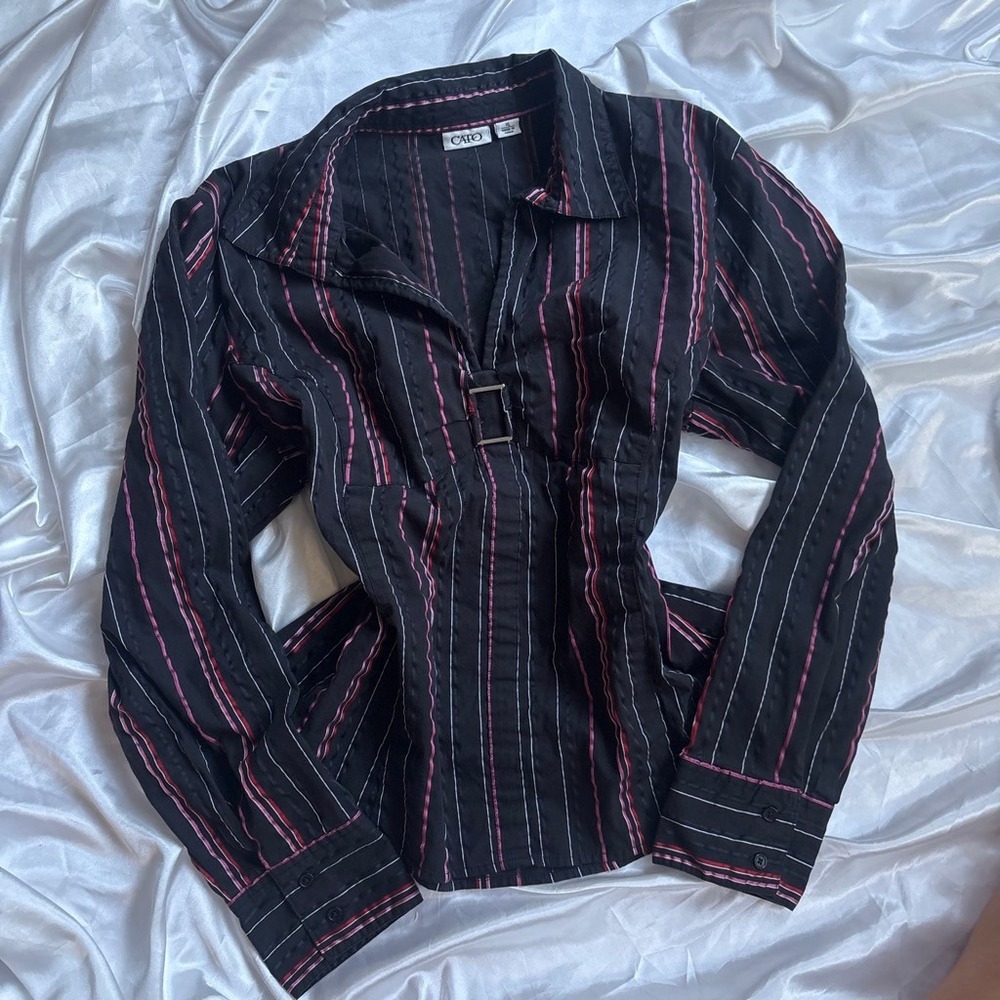y2k Cato Striped Blouse Black Buckle Detail V-Neck Long Sleeve Top XL